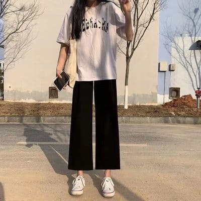 春夏阔腿裤女学生韩版宽松高腰显瘦黑色直筒九分裤百搭休闲裤ins