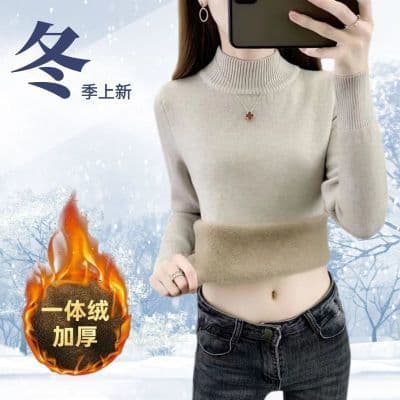 加厚加绒冬季毛衣女一体绒大码内搭半高领套头针织衫保暖打底上衣