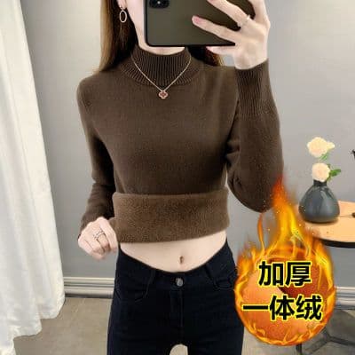 秋冬加绒加厚毛衣女搭大码一体绒内搭套头打底保暖针织衫上衣