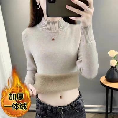 冬季加绒毛衣女加厚一体绒大码内搭半高领套头针织衫保暖打底上衣